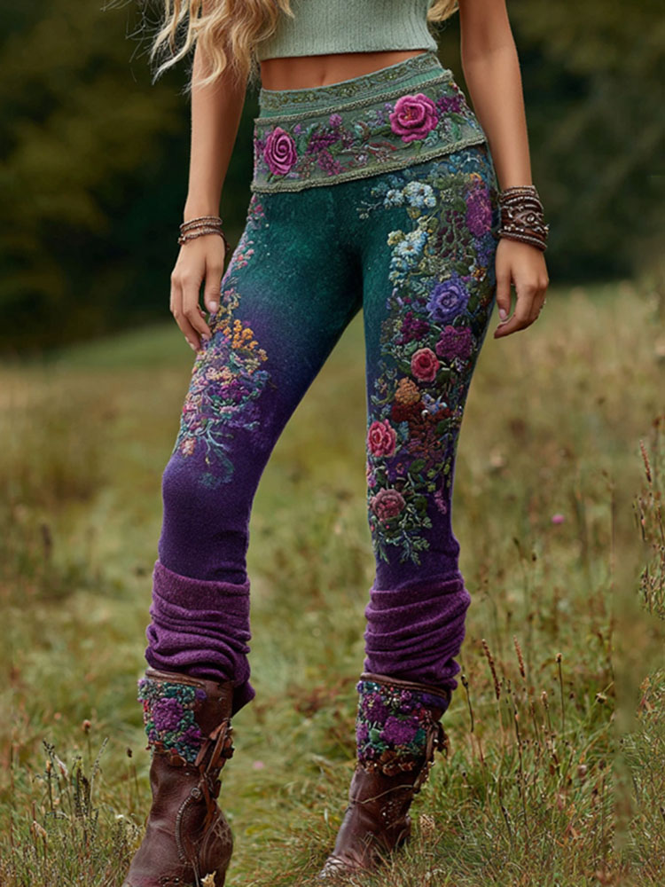 Vintage Purple Lavender And Floral Embroidered Casual Leggings