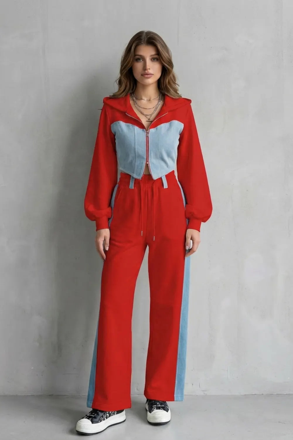 Denim Splice – Two-Piece Hoodie & Sweatpant Set