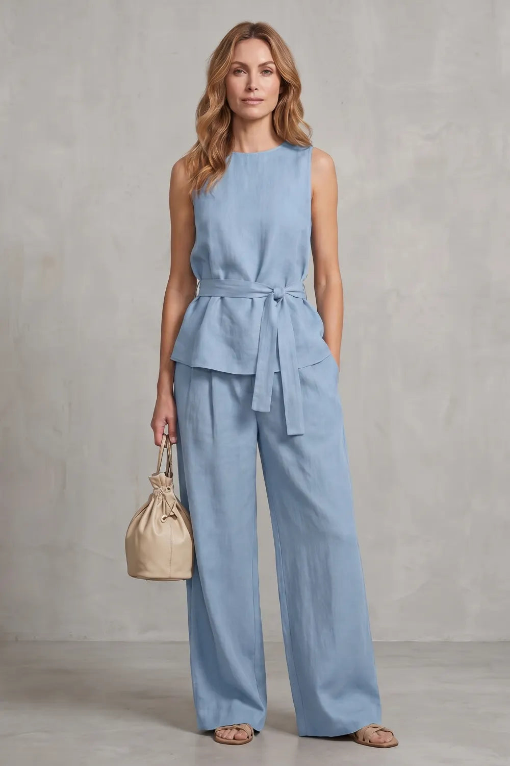 Elegant tie-waist silhouette – Two-piece trouser set