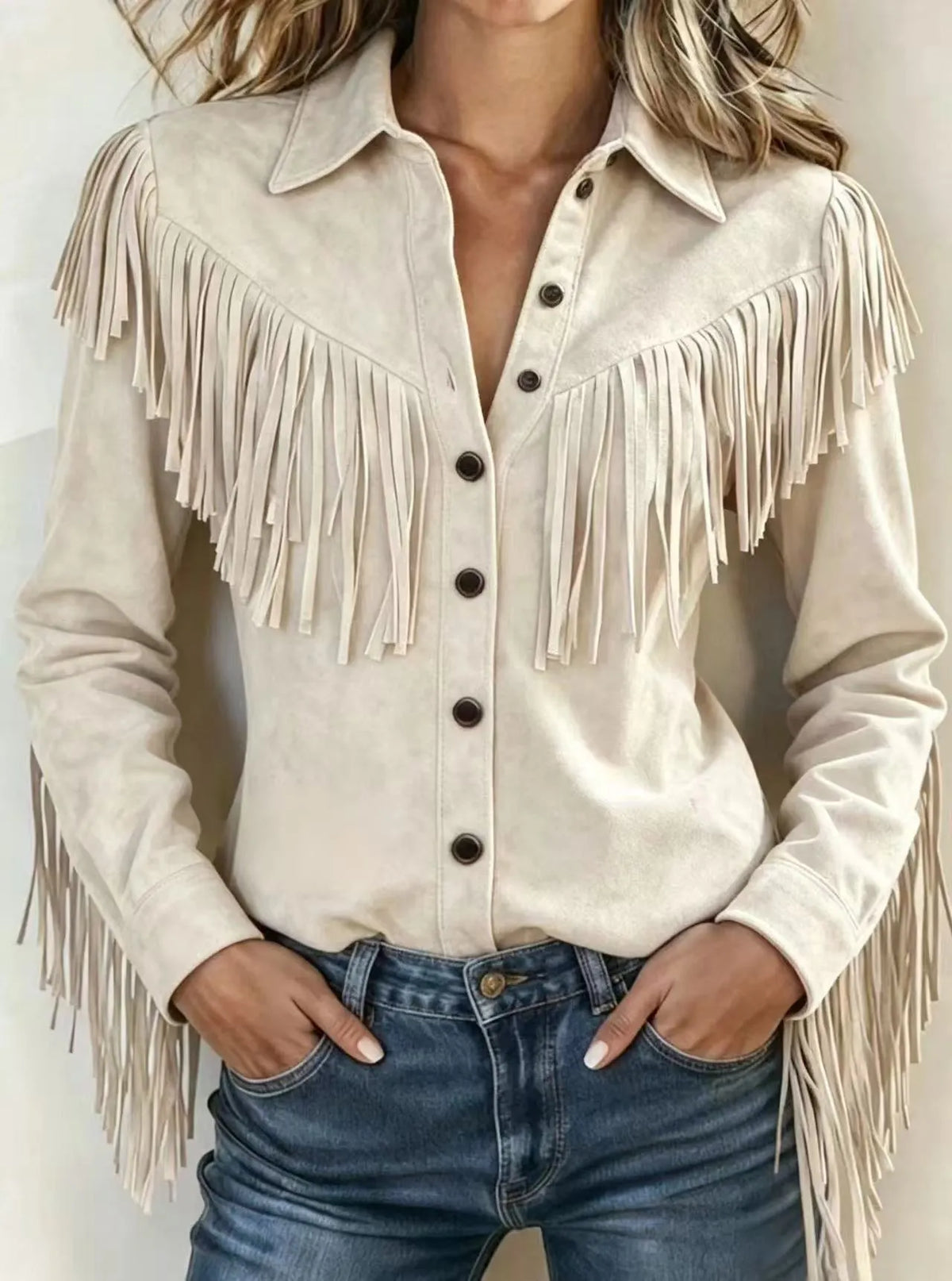 Western Fringe Trim Faux Suede Shirt Jacket, Women Collar Button‐Up Long Sleeve Shacket