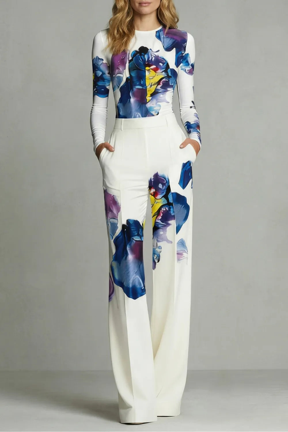 Artistic colourblock elegance – Top and trouser set