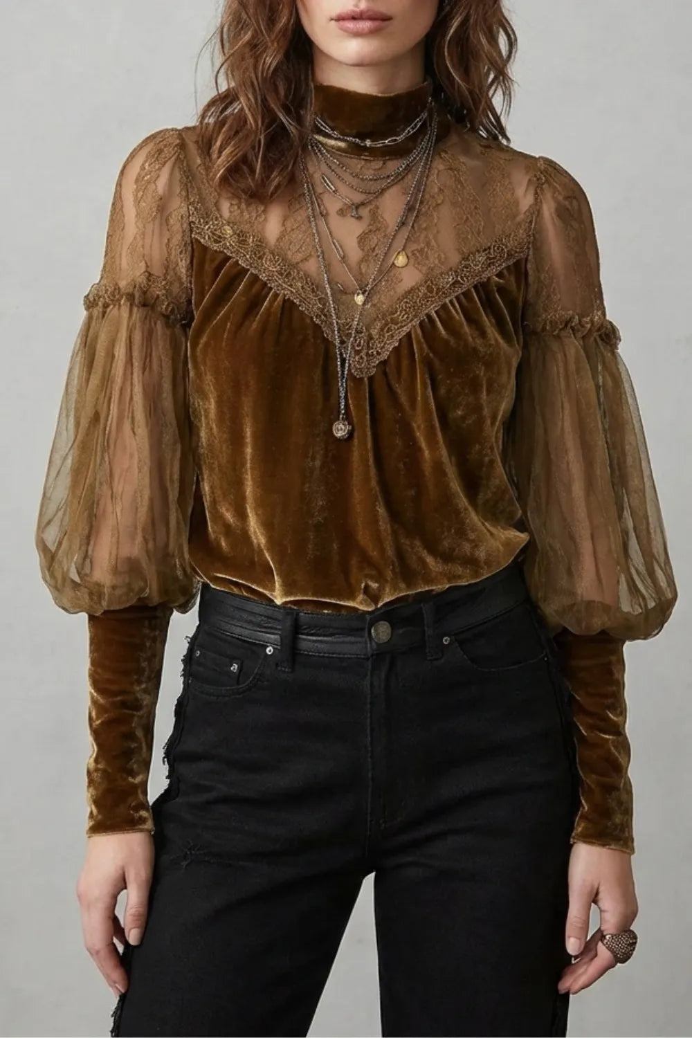 Sheer lace detail – Velvet turtleneck blouse