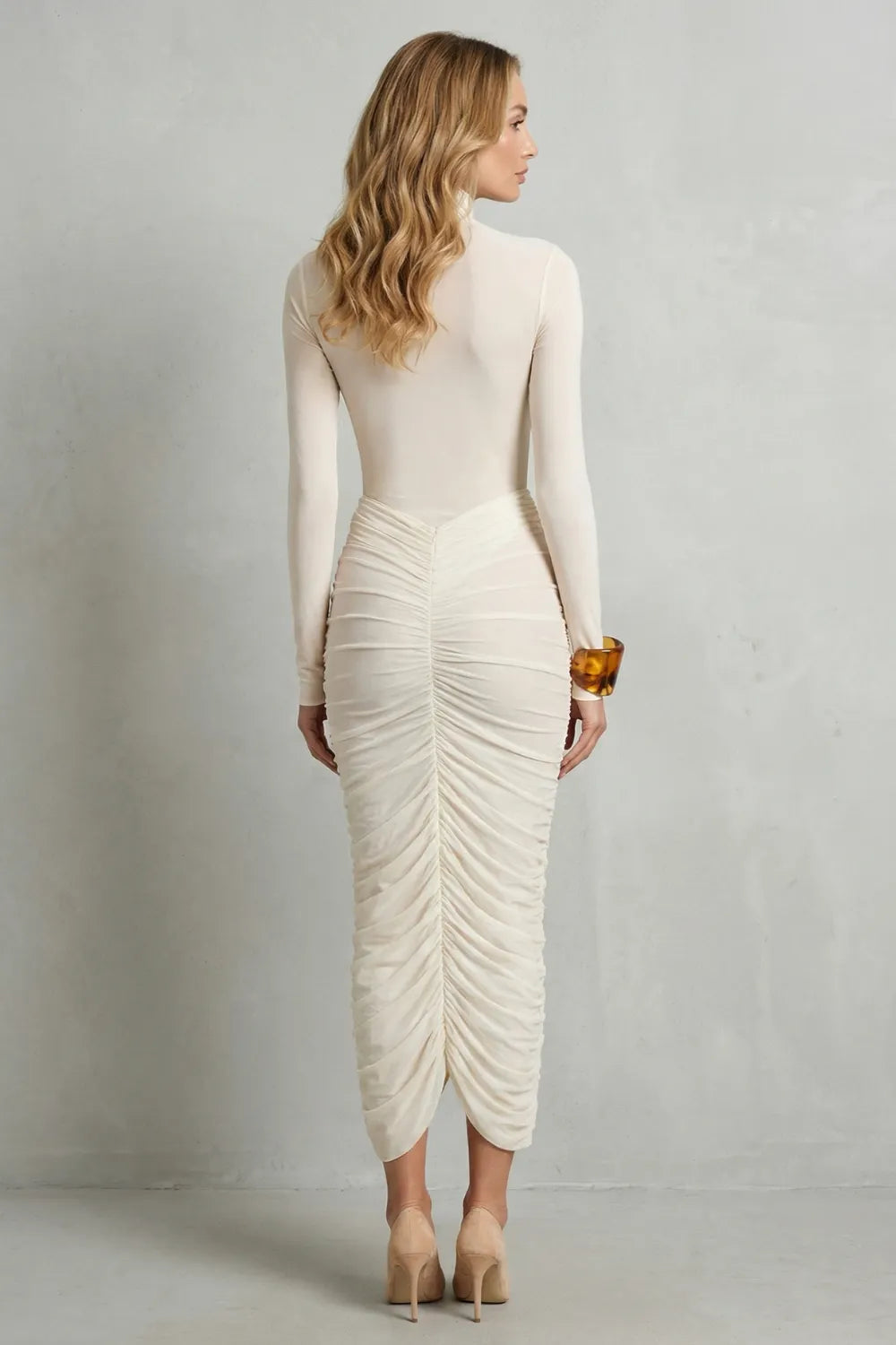 Sculpted elegance – Women’s High Neck Ruched Midi Dress