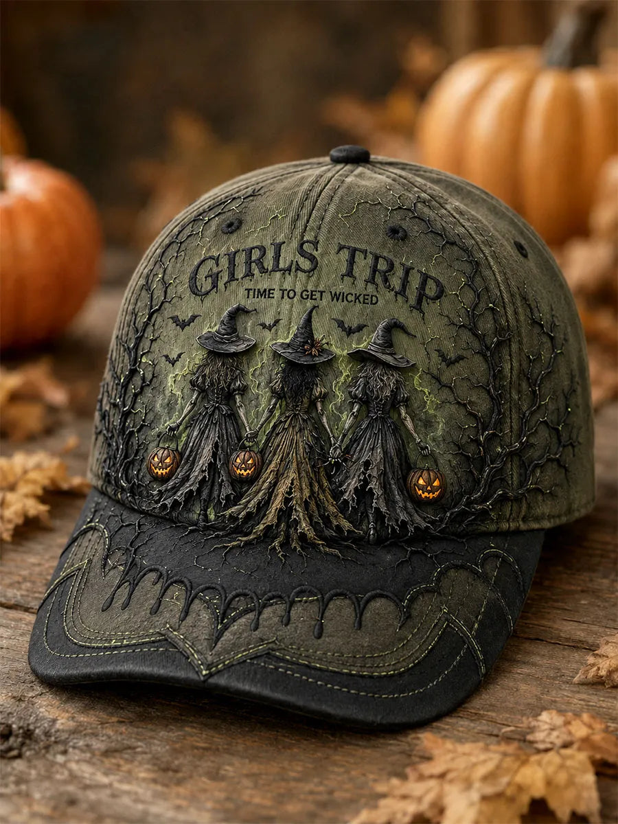 Green & Black Three Witches Jack-o’-Lantern “Girls Trip” Halloween Baseball Cap