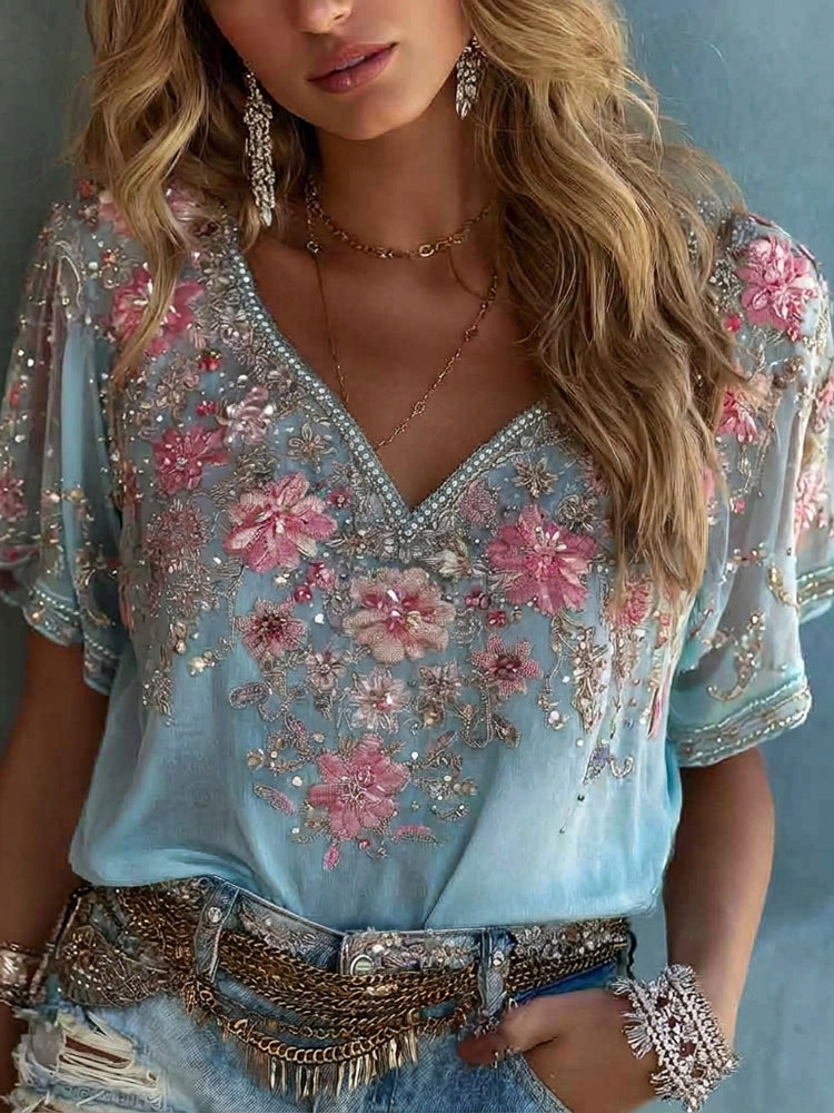 Women's Retro Pink Floral Pattern Casual Linen Blend T-shirt
