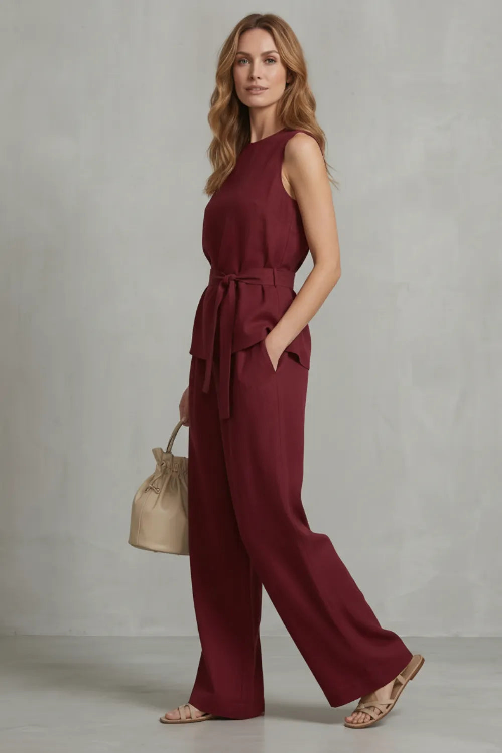 Elegant tie-waist silhouette – Two-piece trouser set