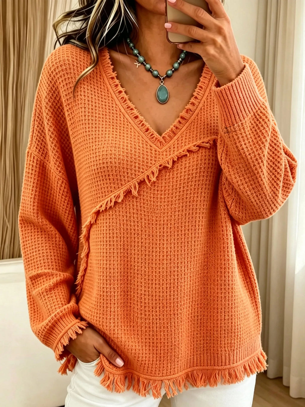 Fringe Trim Waffle Knit V‐Neck Sweater, Women Long Sleeve Loose Pullover Top