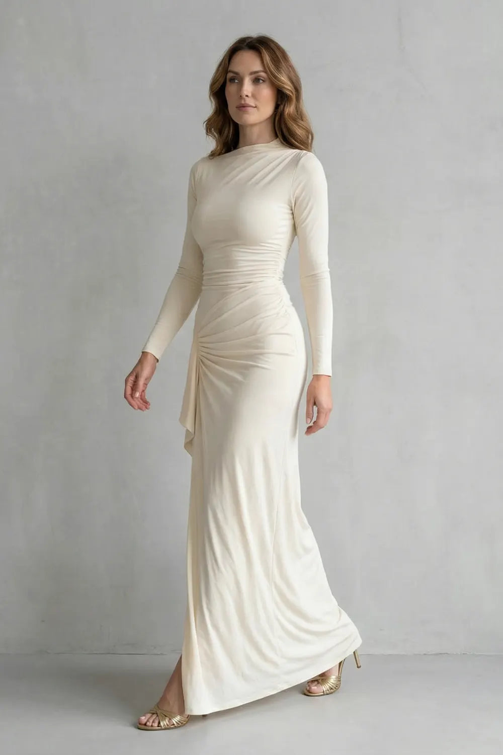 Sculpted side drape – Long sleeve maxi gown