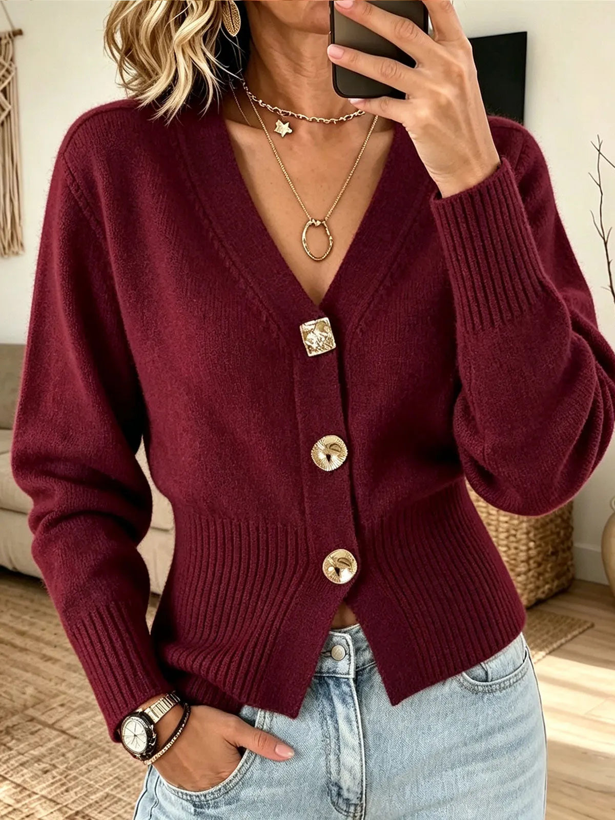 Women Decorative Gold Button Waist‐cinched Burgundy V‐neck Knit Cardigan Sweater