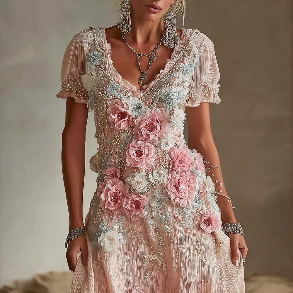 Vintage Boho Roses Embroidered V Neck Linen Maxi Dress