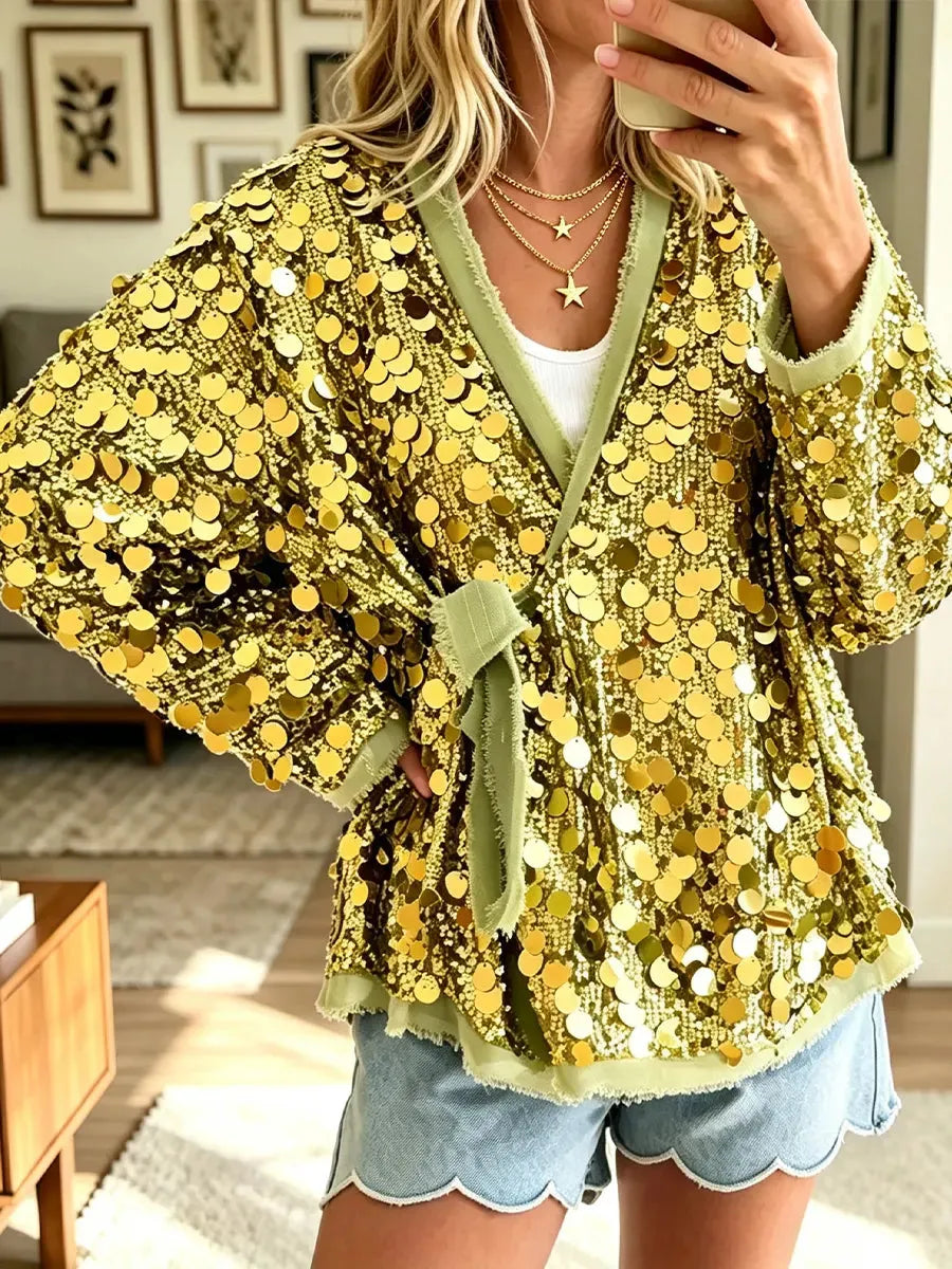 Women's Fashionable Casual Sequin Tie-Up Coat