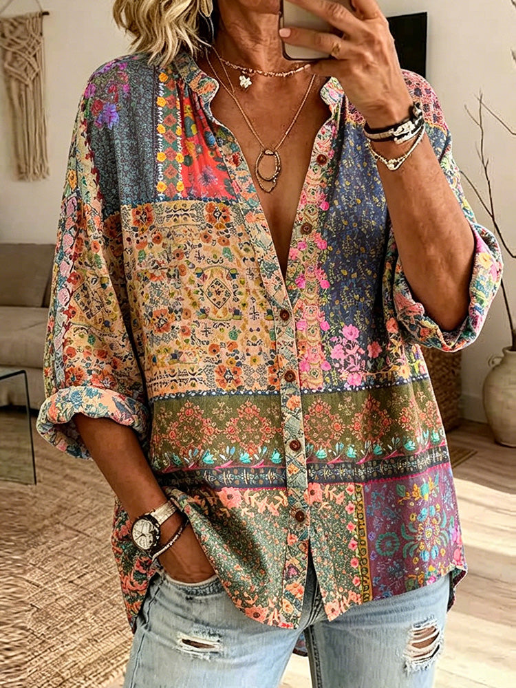 Women's Retro Bohemian Print Button-up Shirt