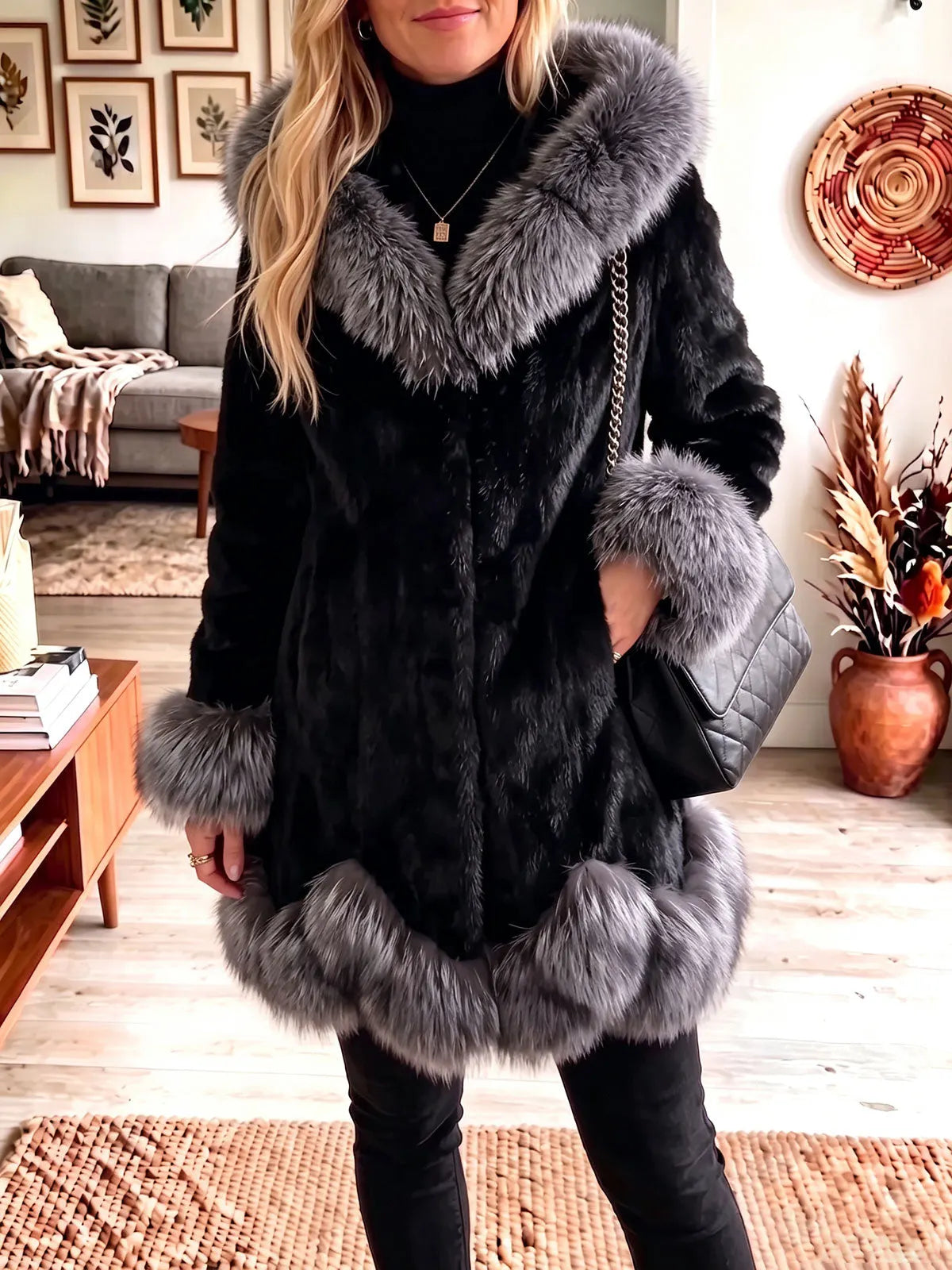 Hooded Faux Fur Contrast Trim Mid‐Length Coat Women Warm Winter Outerwear