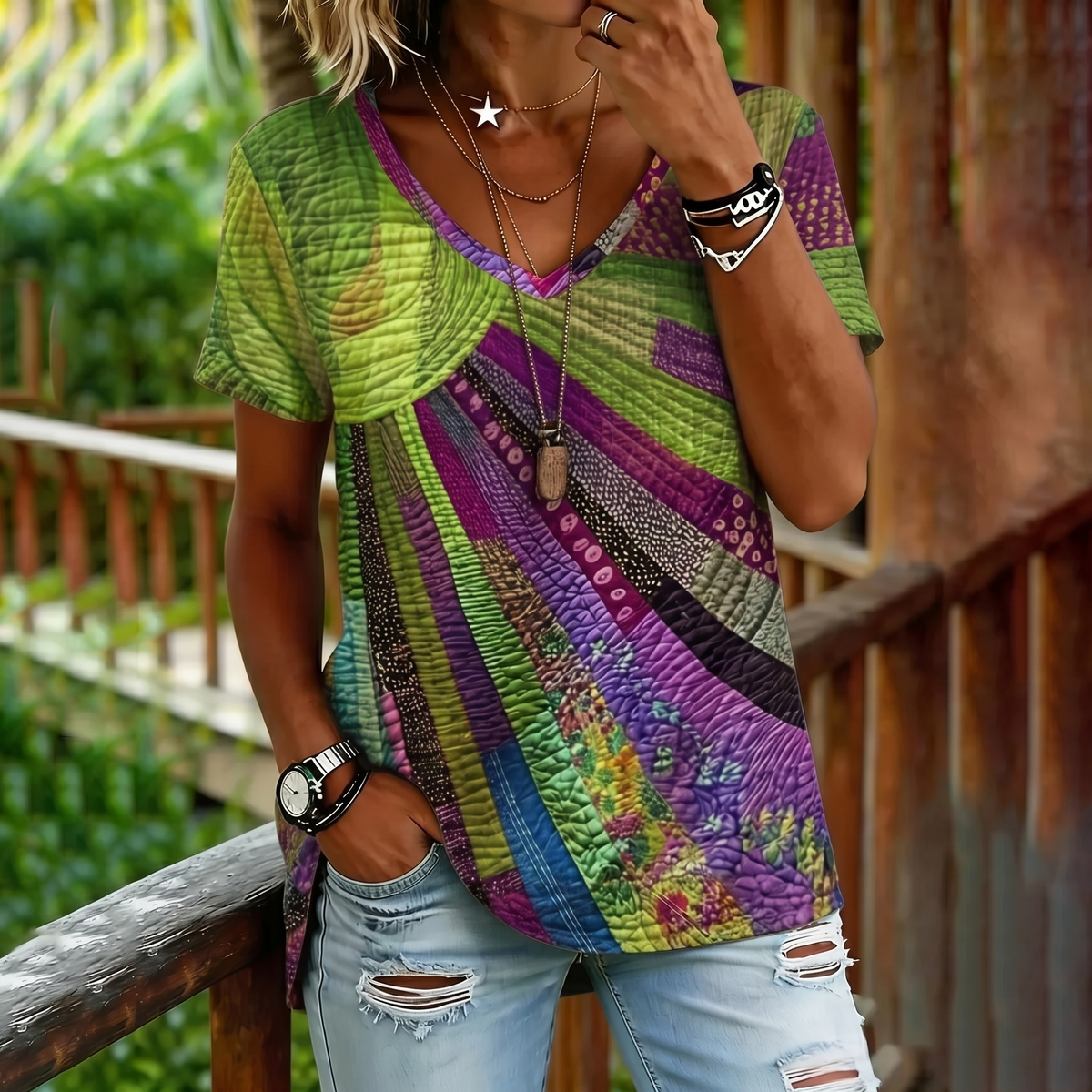 Women's Colorful Sun Collage Art Print Short Sleeve  V Neck Tshirt
