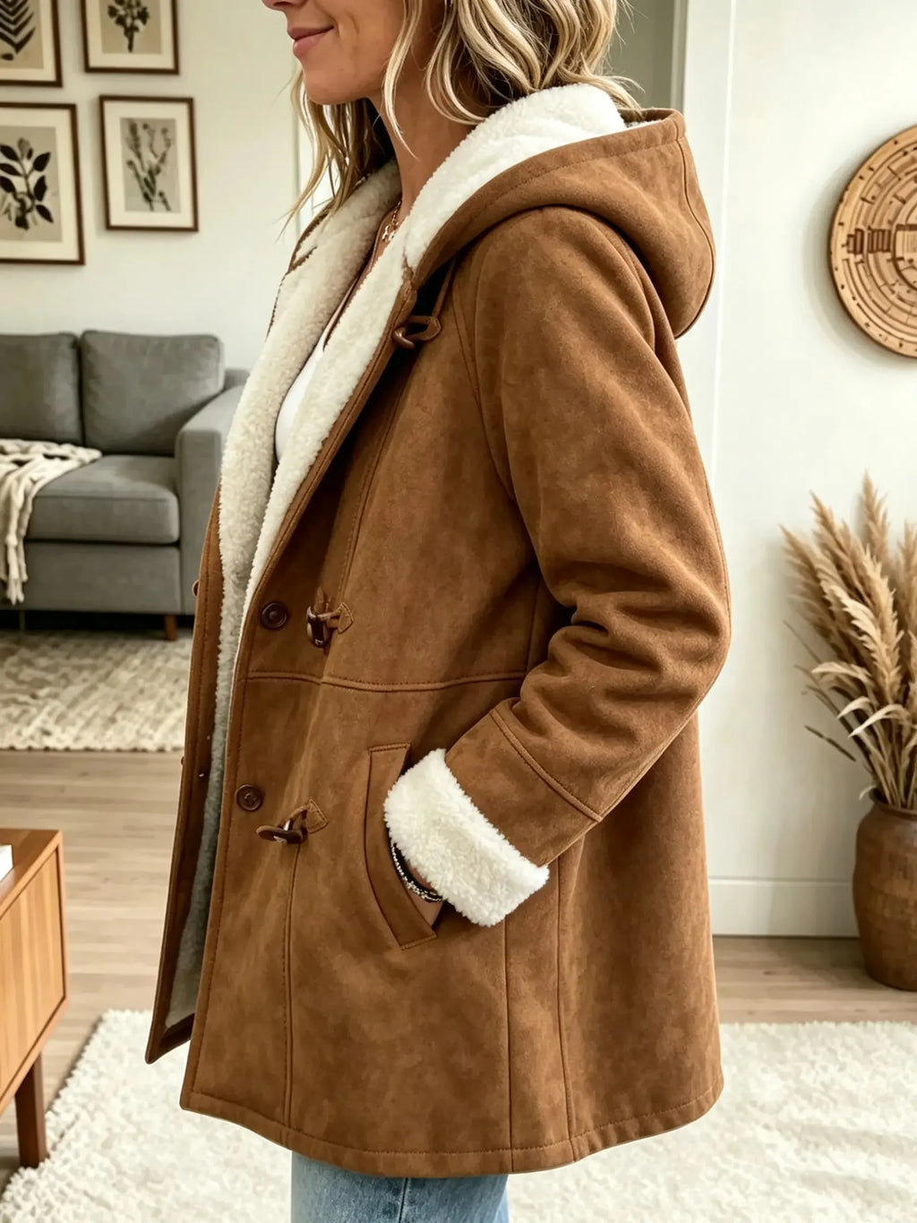 Women's Sherpa Lined Faux Suede Toggle Coat