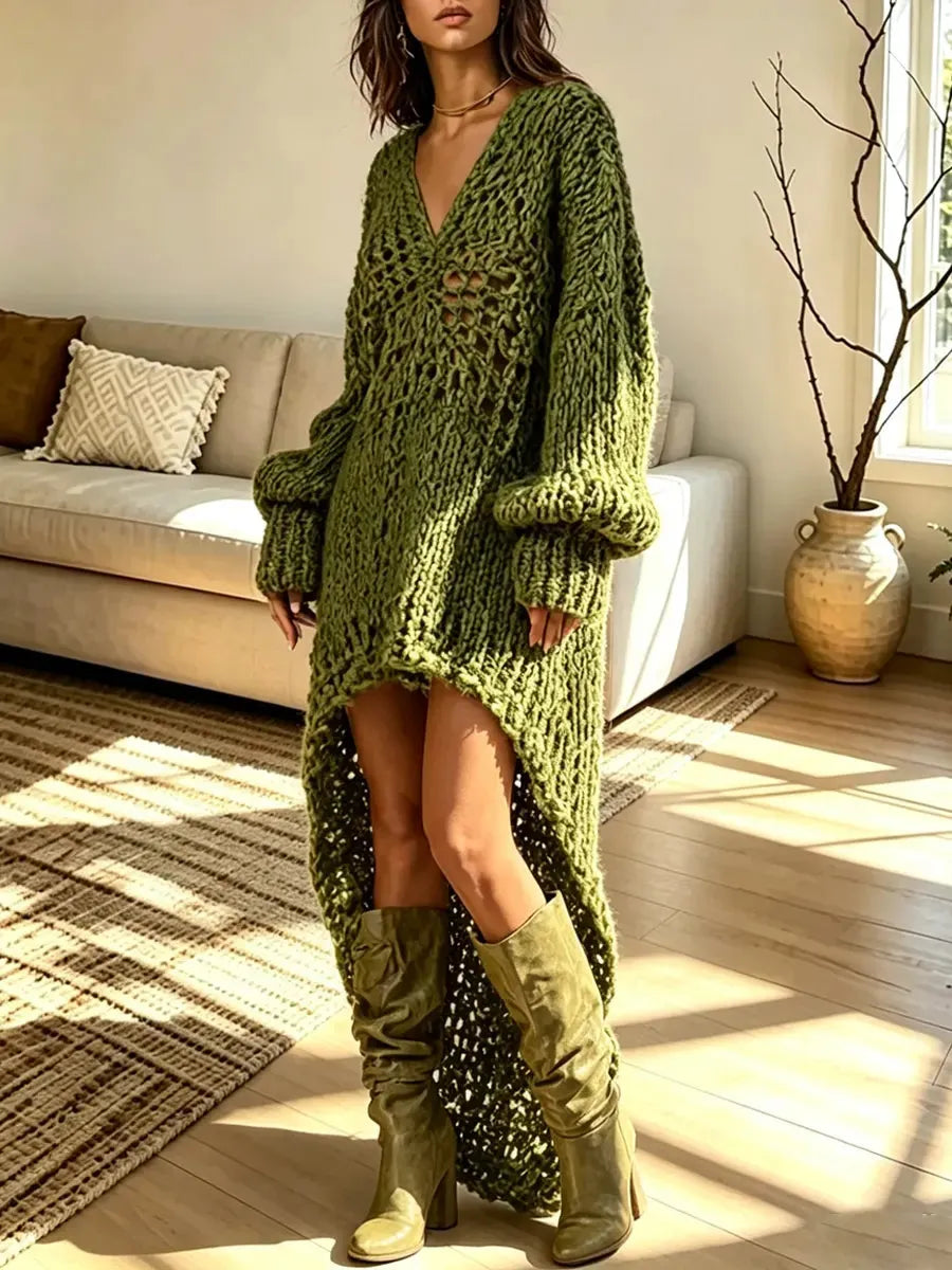 Retro V Collar Knitted Art Casual Stylish Long Sleeve Maxi Dress