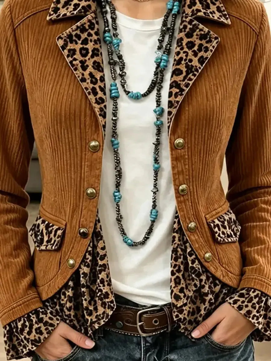 Retro Western Leopard Pattern Art Patchwork Casual Stylish Long Sleeve Coat