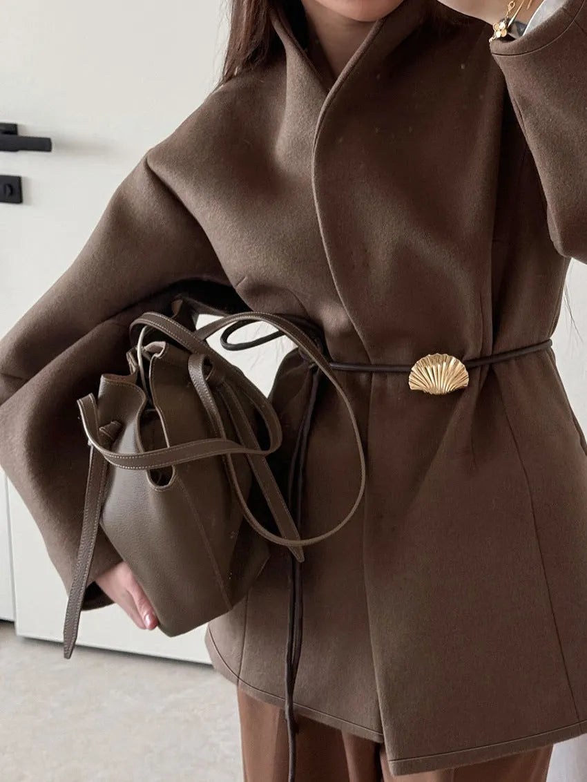 V‐Neck Belted Waist Short Wool Blend Coat Women Loose Long Sleeve Jacket
