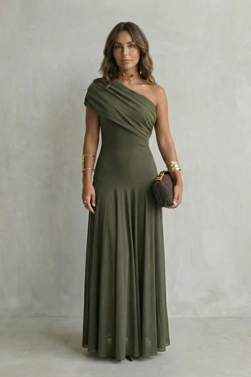 Elegant draped neckline – One shoulder maxi dress