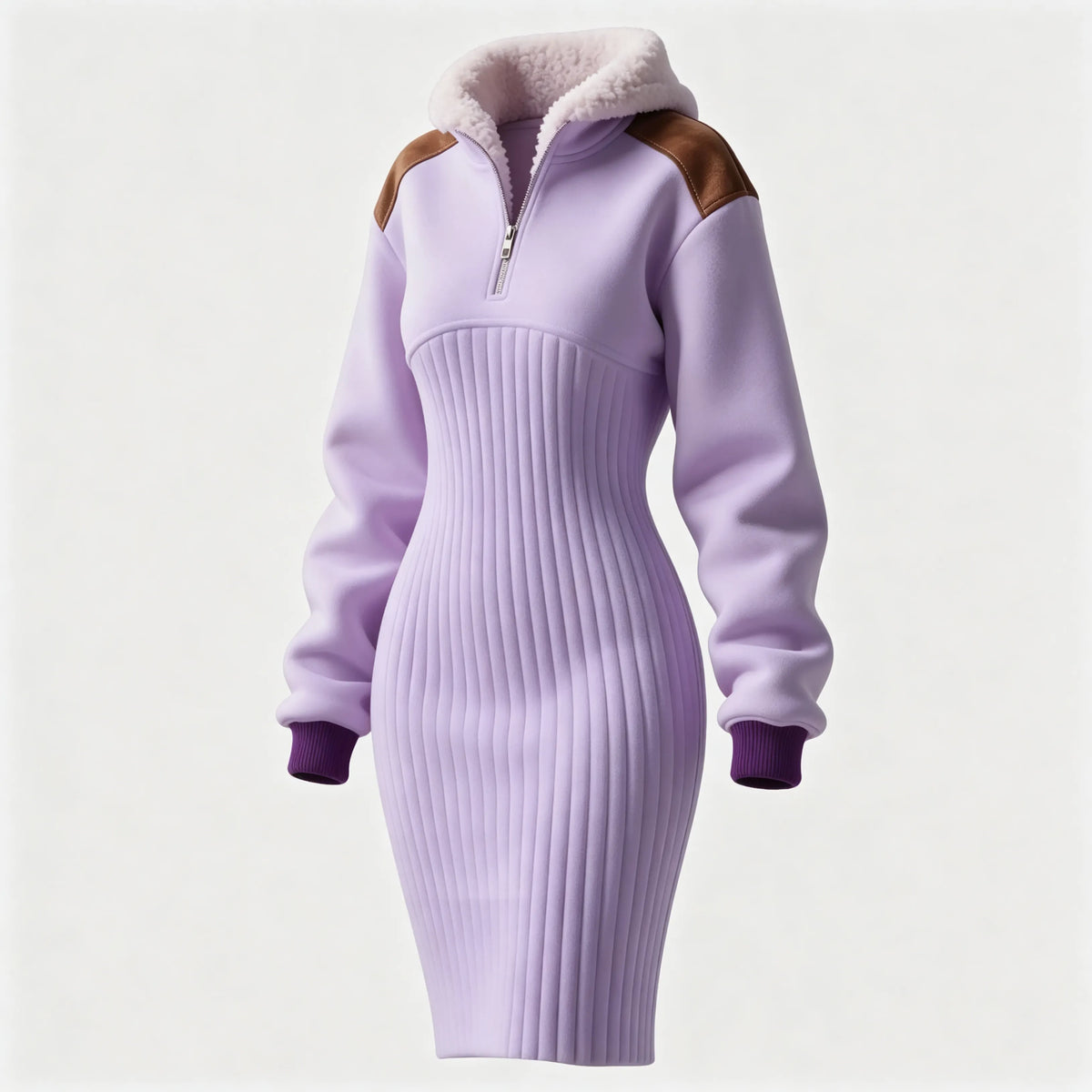 Women's Contrast Color Stitching Suede Lambswool Lapel Hooded Long Sweatshirt