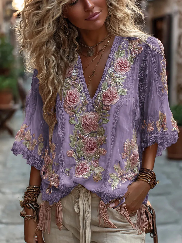 Women's Vintage Rose Embroidery Art Comfy Linen Shirts