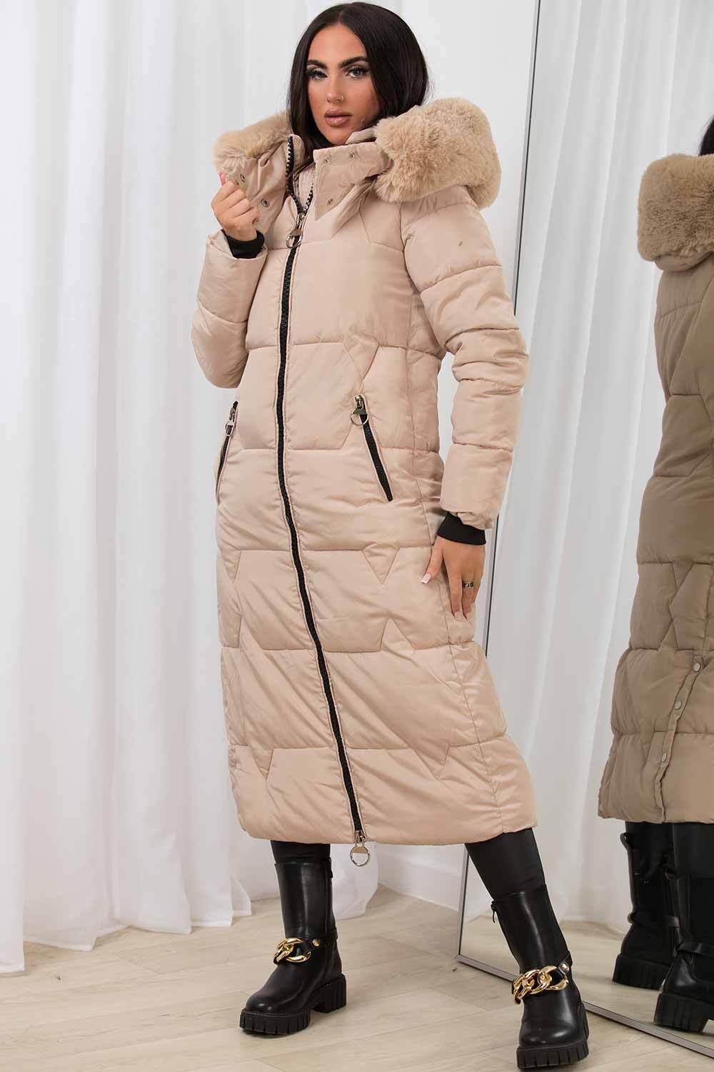 Long Puffer Padded Coat With Faux Fur Hood Beige