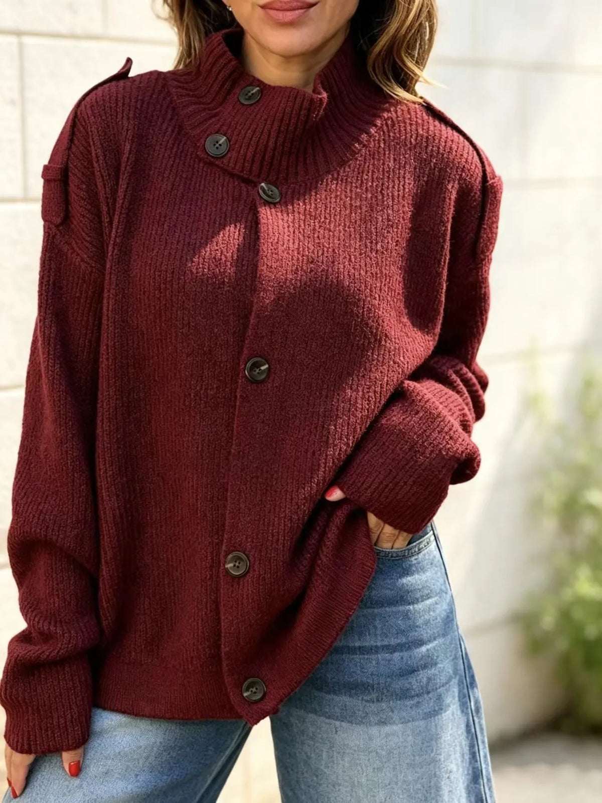Stand Collar Button‐Down Shoulder Detail Knit Cardigan