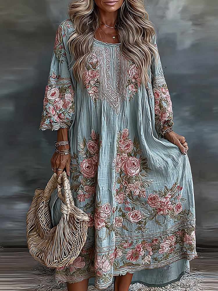Women's Floral Art Flowy Linen Blend Casual Long Sleeve Maxi Dress