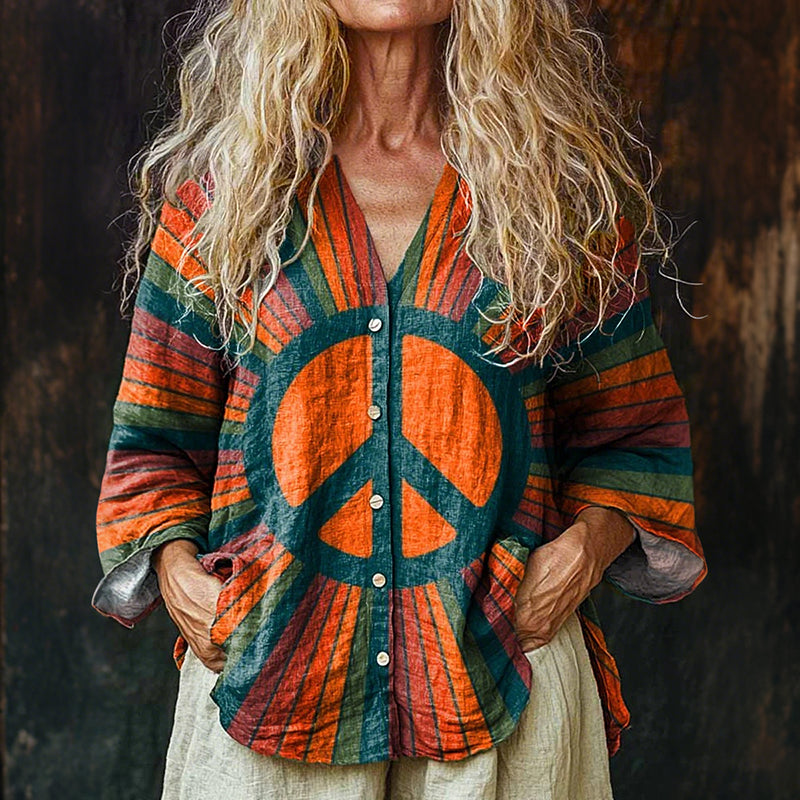 Women's Retro Hippie Peace Sign Art Printed Linen V-neck Casual Shirt