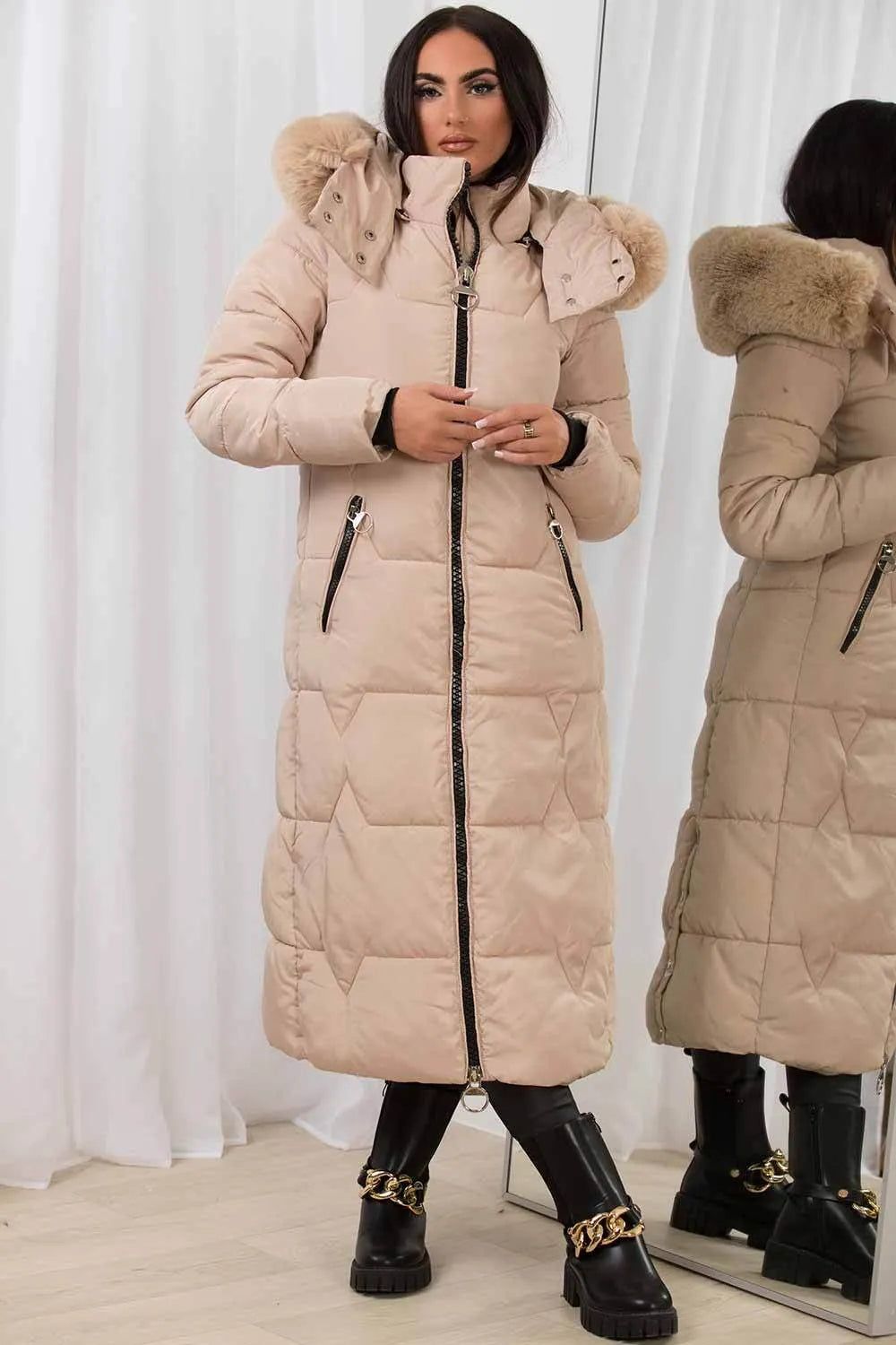 Long Puffer Padded Coat With Faux Fur Hood Beige