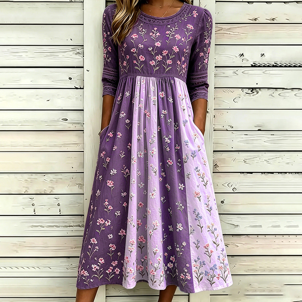 Women's Retro Rose Art Embroidery Color Block Splicing Comfortable Cotton Linen Round Neck Dress