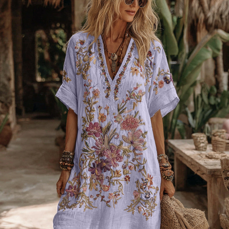Women's Floral Embroidery Art V Neck Comfy Midi Dress