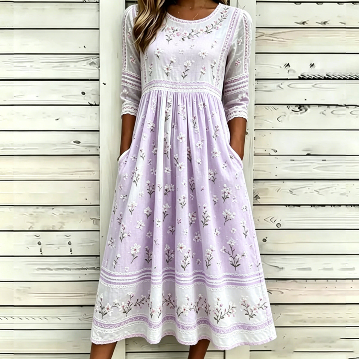 Vintage White Cherry Blossom Art And Lace Art Light Pink Cotton Linen Loose Round Neck Dress