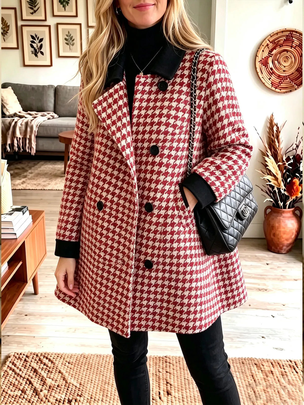 Houndstooth Contrast Collar Double‐Breasted A‐Line Wool Blend Coat, Women Fall Winter Outerwear