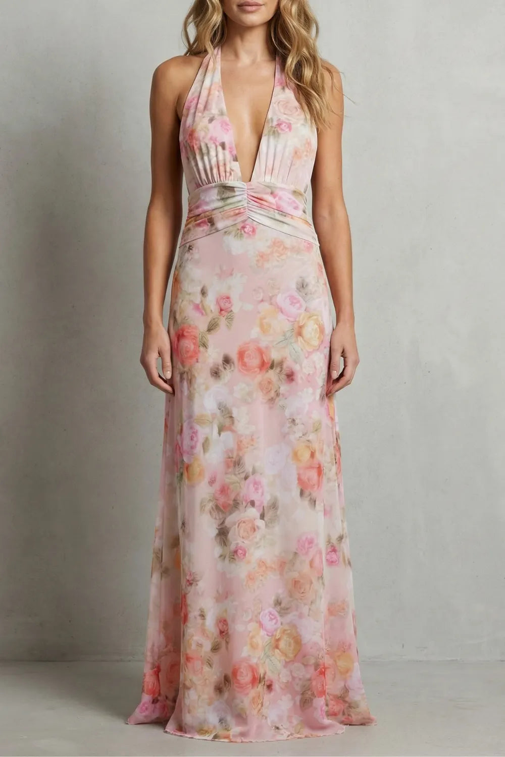 Deep V floral elegance – Maxi dress