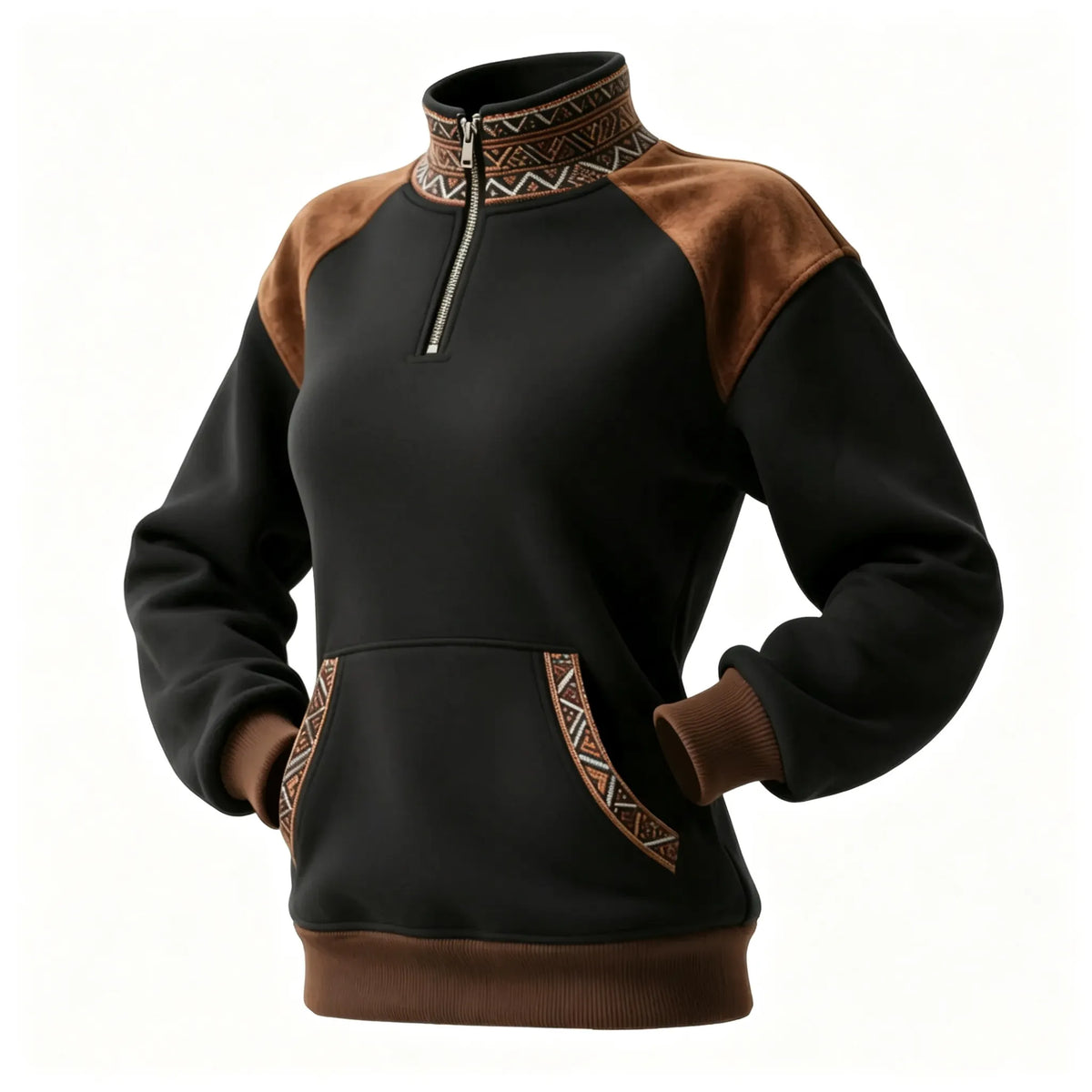 Women's Retro Ethnic Style Half-Zip Stand Collar Sweatshirt And Trousers Set