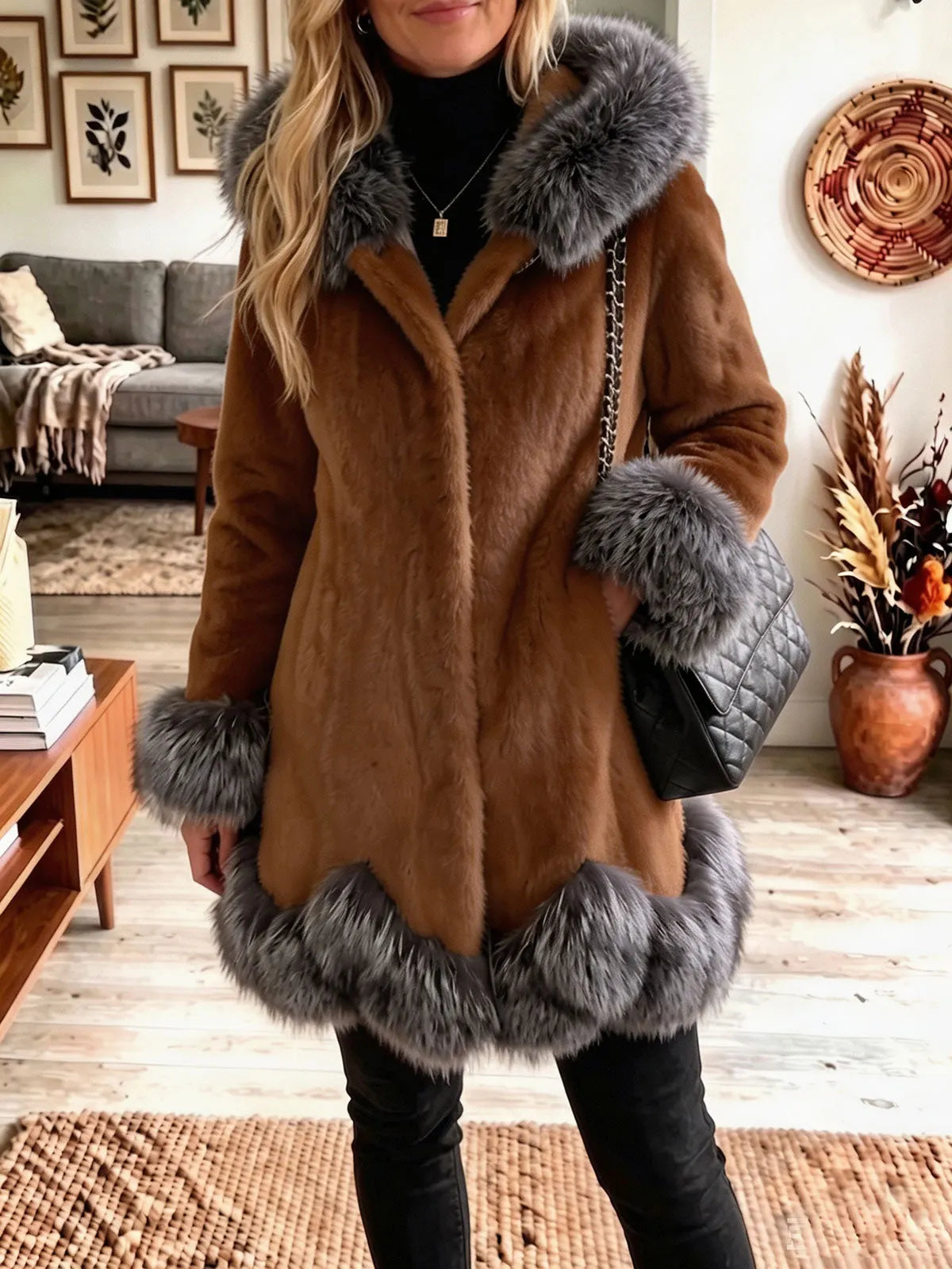 Hooded Faux Fur Contrast Trim Mid‐Length Coat Women Warm Winter Outerwear