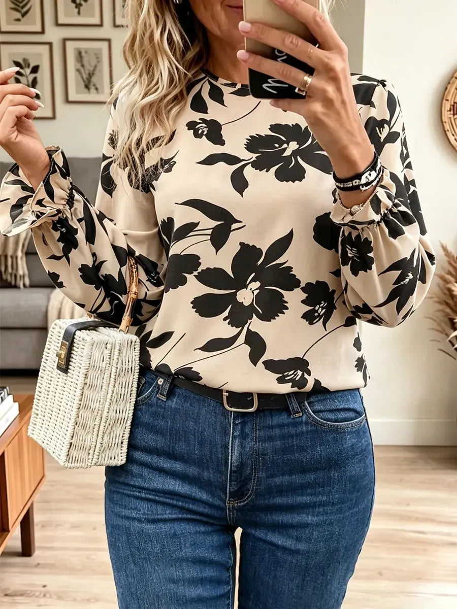 Retro Floral Pattern Art Casual Stylish Bow Long Sleeve Shirt