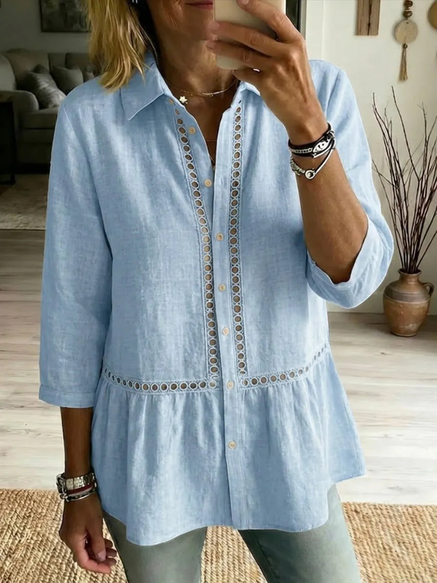 Casual Patchwork Openwork Webbing Linen And Cotton Shirt