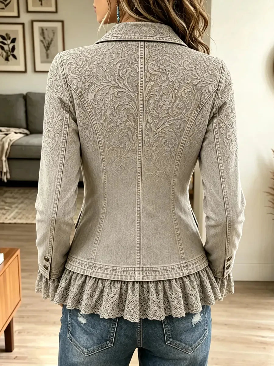 Retro Floral Pattern Art Lace Patchwork Casual Stylish Long Sleeve Coat