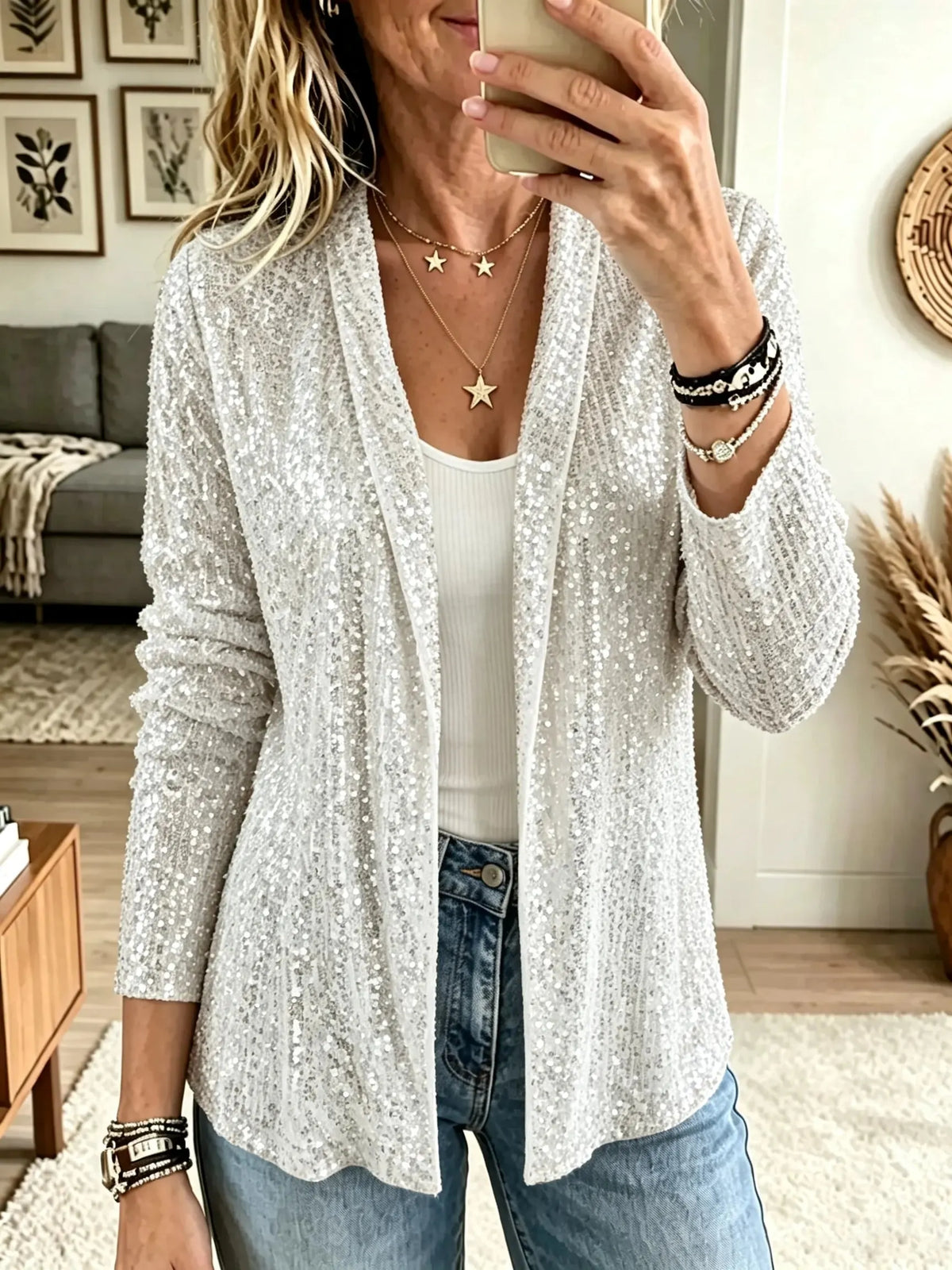 Women's Sequin Open-Front Blazer Cardigan