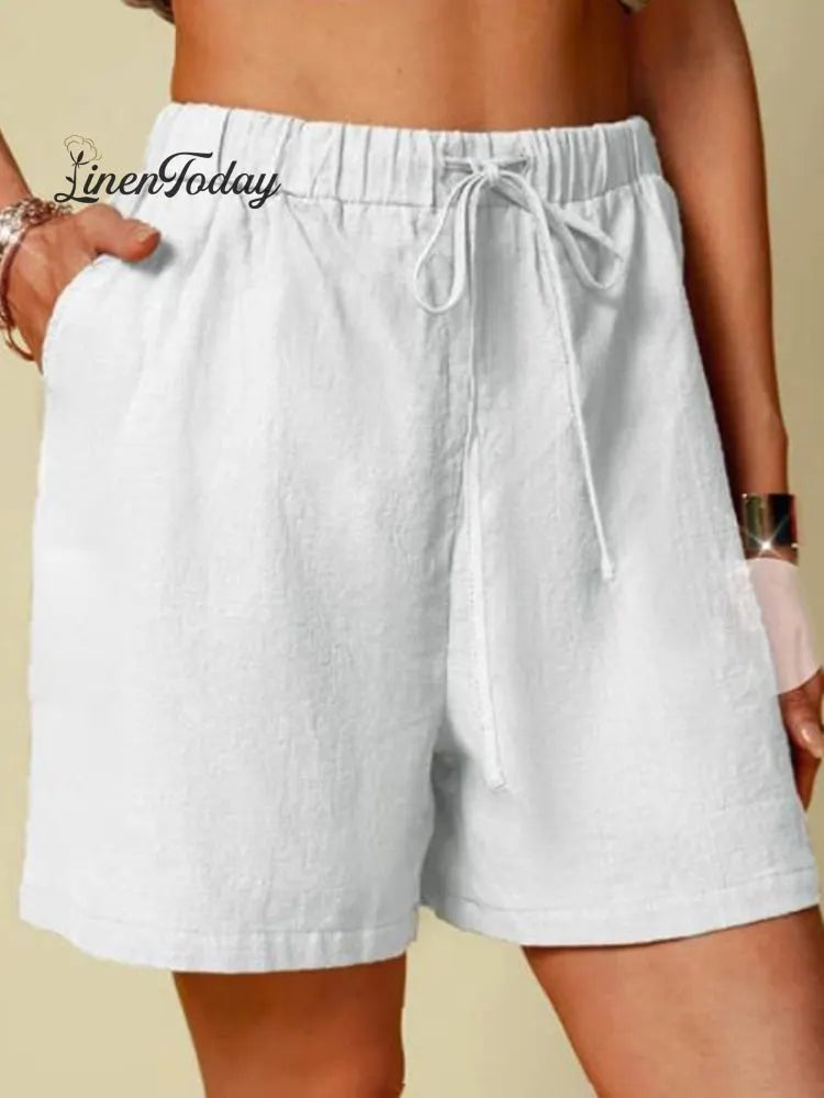 Women's Cotton Linen Solid Color Loose Casual Pocket Elastic Waist Lace-Up Shorts