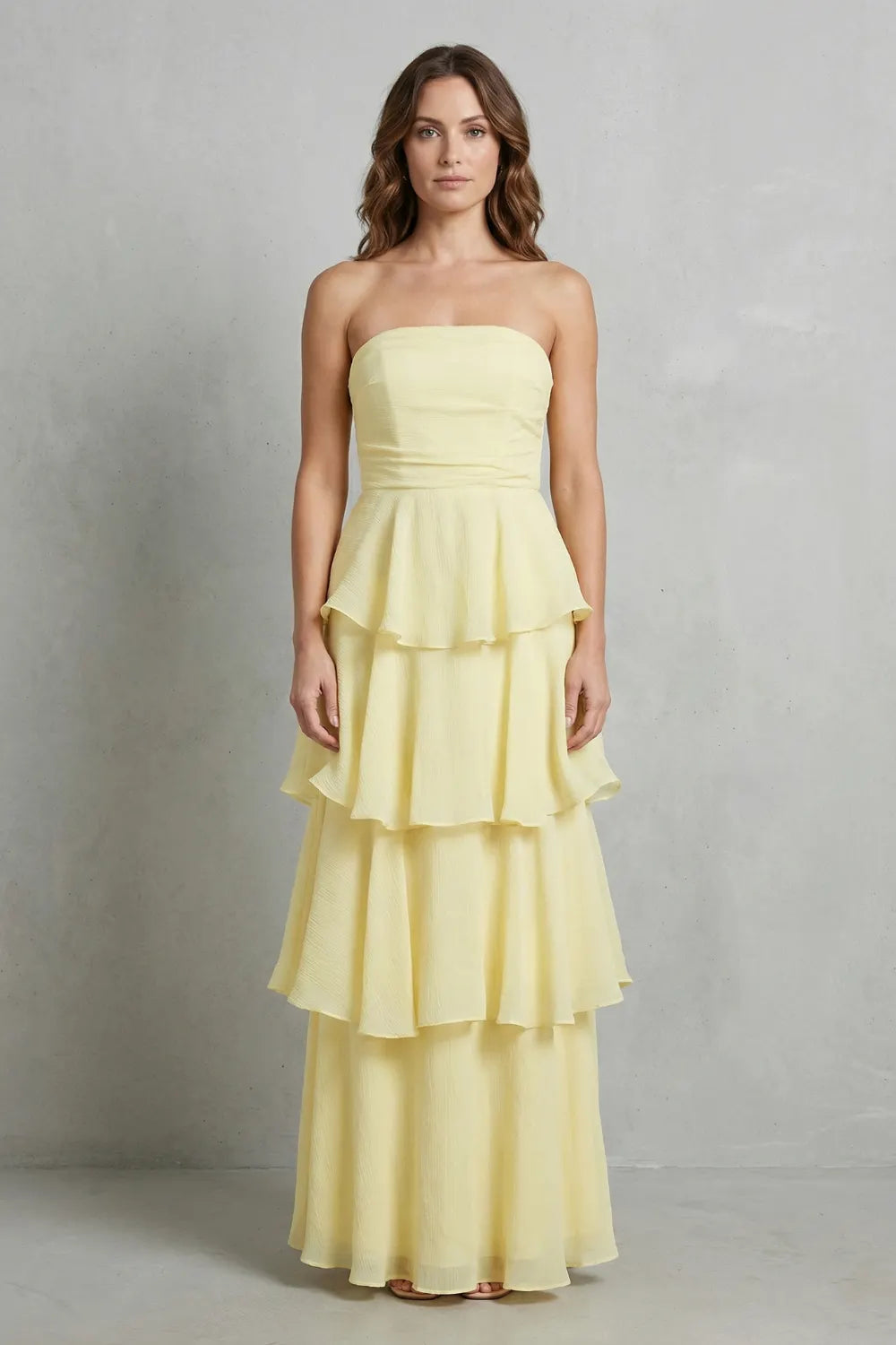 Soft cascading layers – Strapless tiered maxi dress