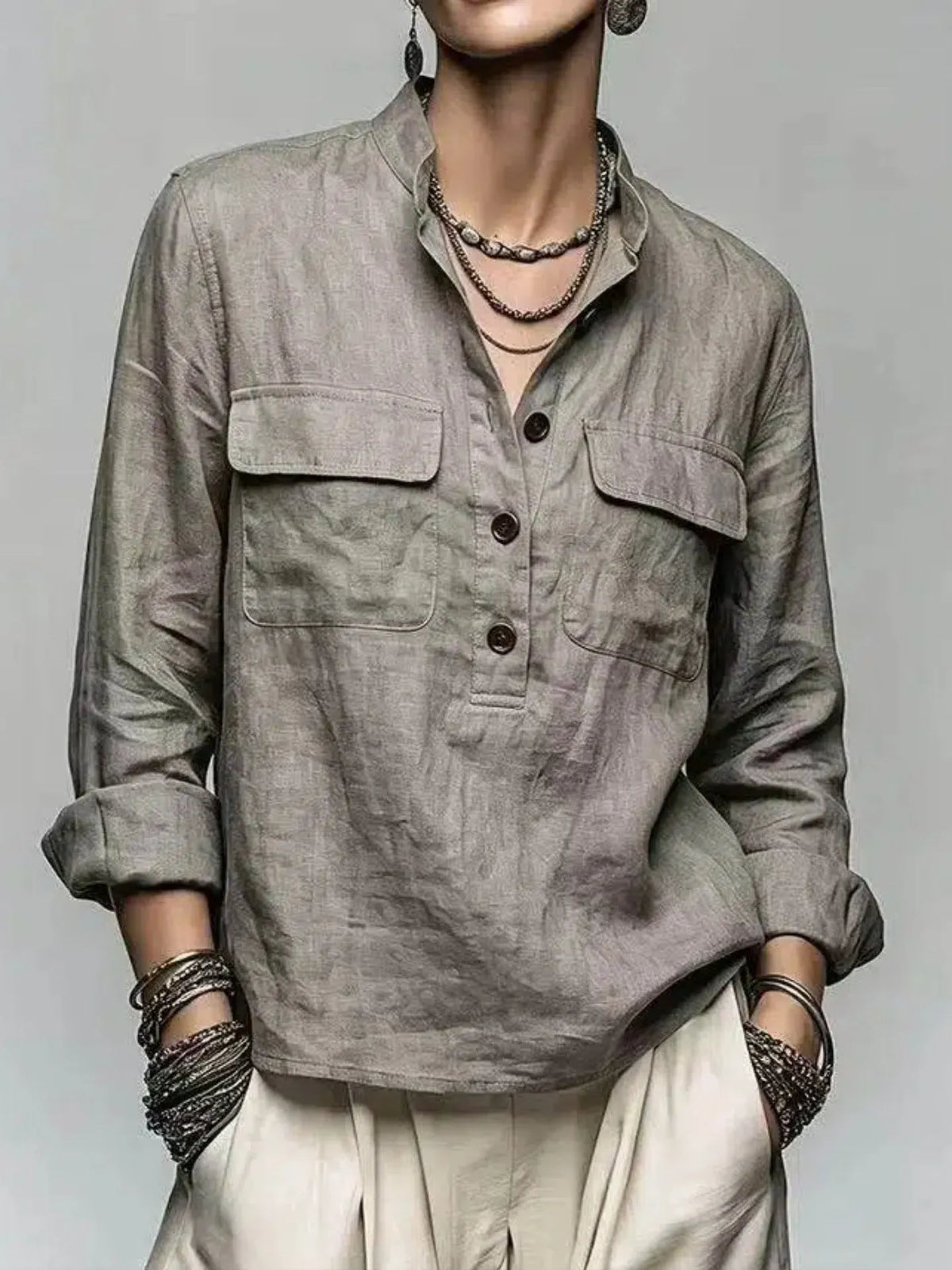 Stand Collar Half Button Pocket Linen Blend Blouse, Women Roll‐Up Long Sleeve Top