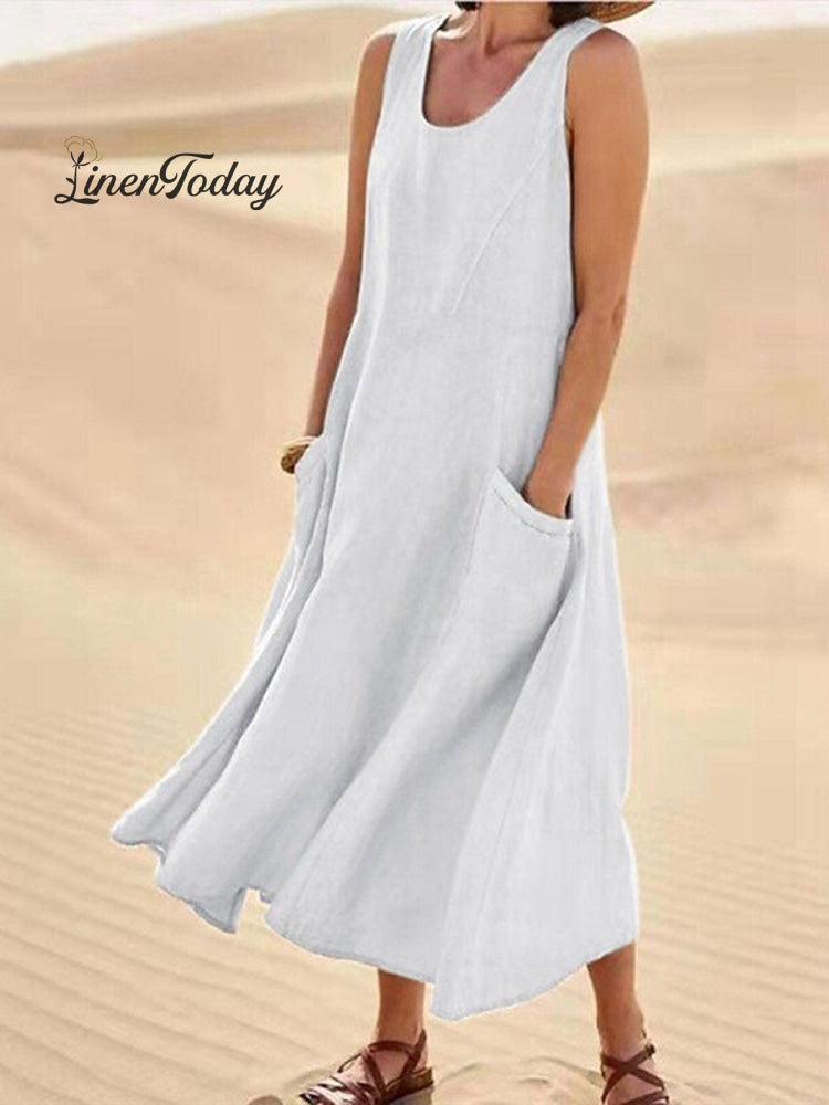 Women Sleeveless Sundress Elegant Round Neck Cotton Linen Solid Long Tank Casual Summer Dress