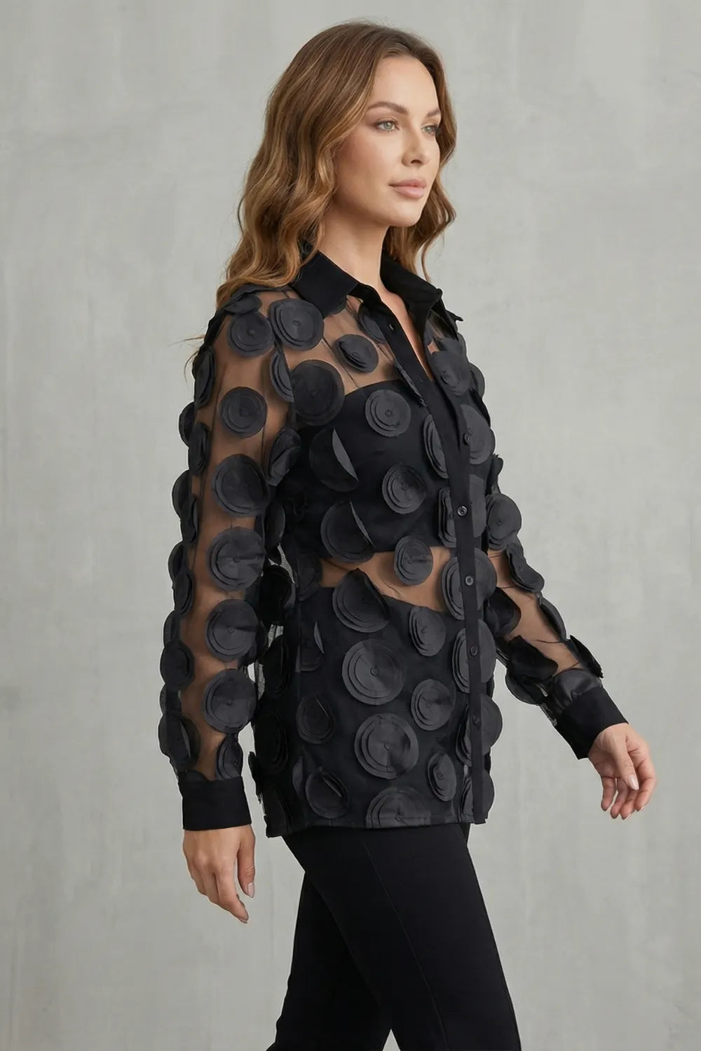 Sheer floral appliqué design – Mesh blouse