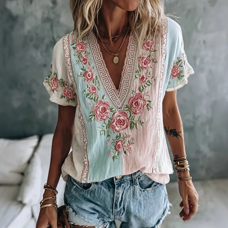 Women's Rose Color Block Cotton Linen V-neck Short Sleeve Top