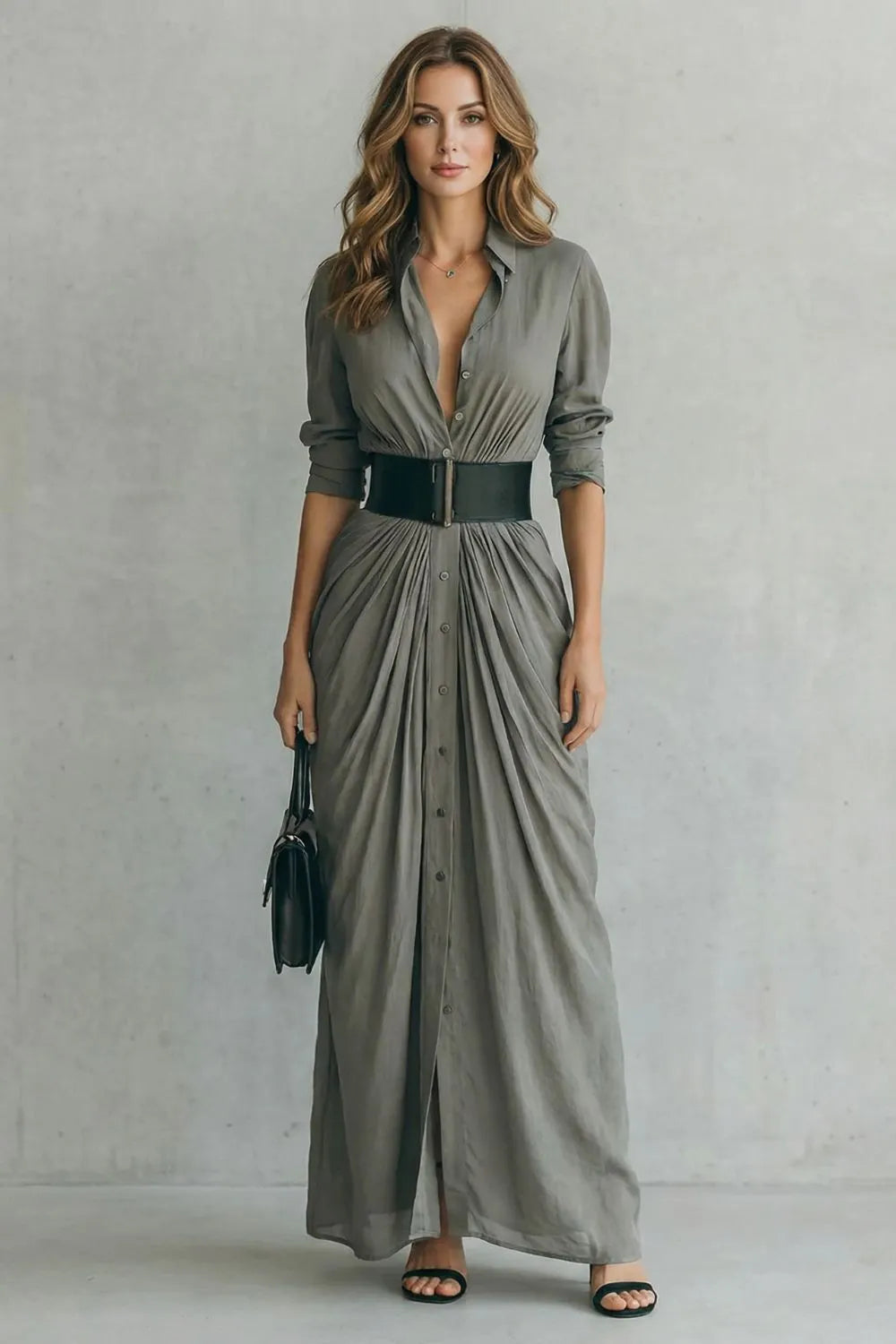 Pleated waist drama – Maxi shirt dress (includes belt)