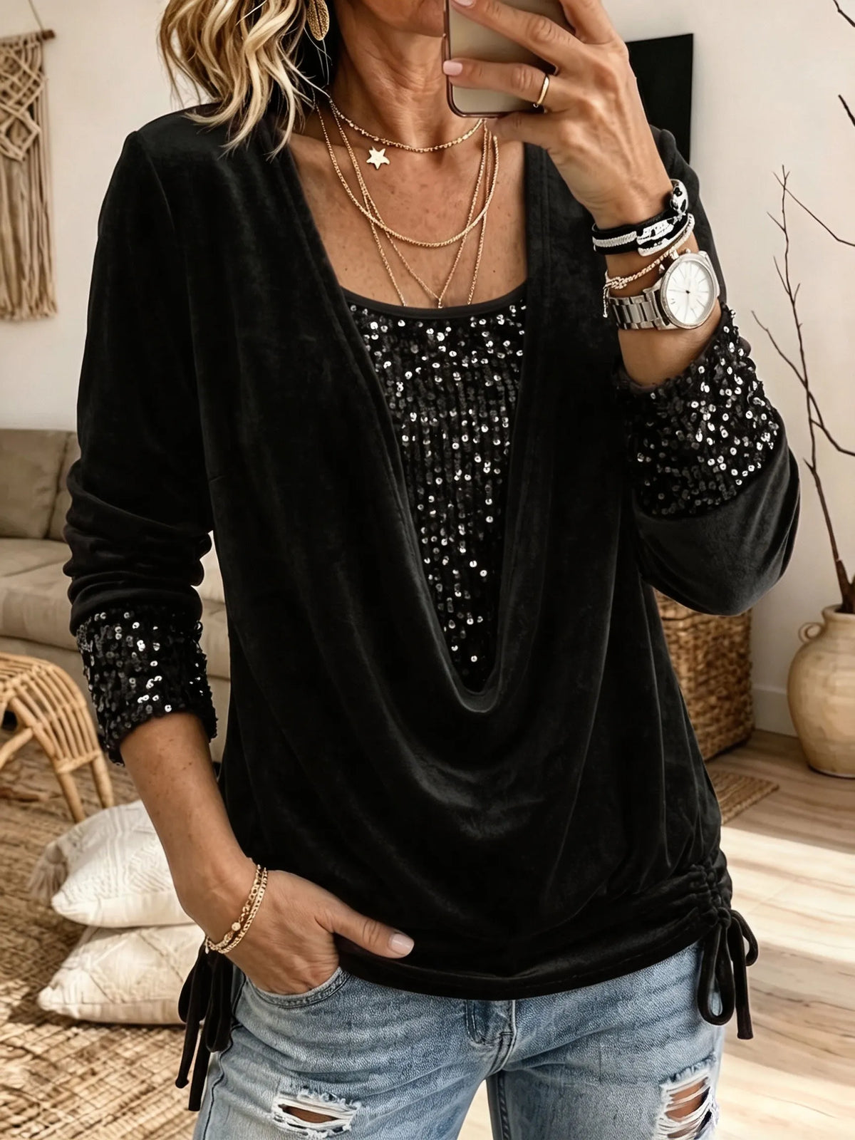 Velvet Cowl Neck 2‐in‐1 Blouse Sequin Long Sleeve Drawstring Party Top