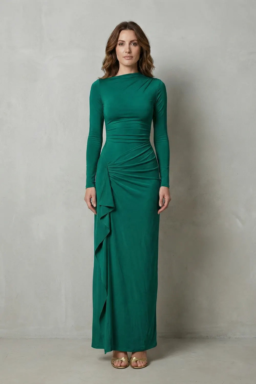 Sculpted side drape – Long sleeve maxi gown